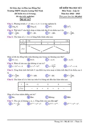 Đề kiểm tra học kì 1 môn Toán Lớp 12 - Năm học 2022-2023 - Trường THPT chuyên Lương Thế Vinh (Có lời giải)
