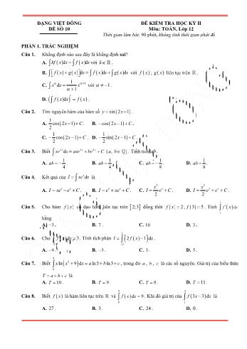 Đề kiểm tra học kì 2 môn Toán Lớp 12 - Đề 10 - Trường THPT Nho Quan A (Có lời giải)