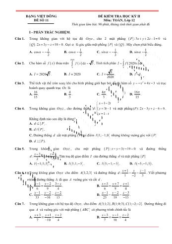 Đề kiểm tra học kì 2 môn Toán Lớp 12 - Đề 11 - Trường THPT Nho Quan A (Có lời giải)