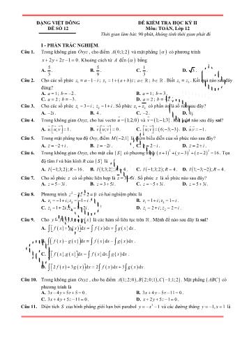 Đề kiểm tra học kì 2 môn Toán Lớp 12 - Đề 12 - Trường THPT Nho Quan A (Có lời giải)