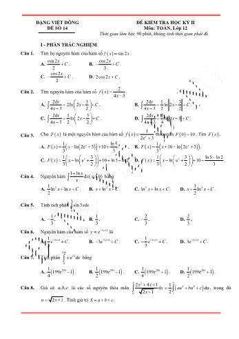 Đề kiểm tra học kì 2 môn Toán Lớp 12 - Đề 14 - Trường THPT Nho Quan A (Có lời giải)