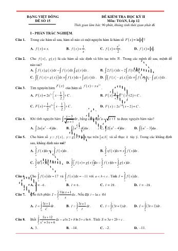 Đề kiểm tra học kì 2 môn Toán Lớp 12 - Đề 15 - Trường THPT Nho Quan A (Có lời giải)