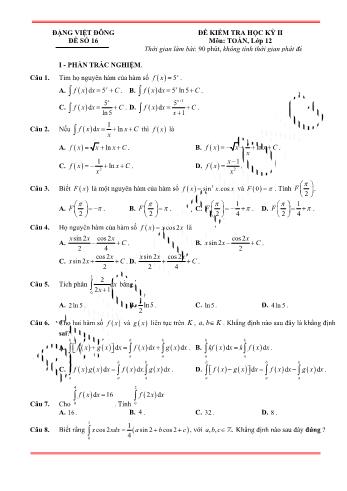Đề kiểm tra học kì 2 môn Toán Lớp 12 - Đề 16 - Trường THPT Nho Quan A (Có lời giải)