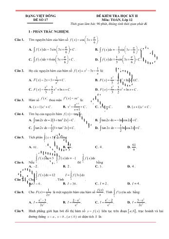Đề kiểm tra học kì 2 môn Toán Lớp 12 - Đề 17 - Trường THPT Nho Quan A (Có lời giải)