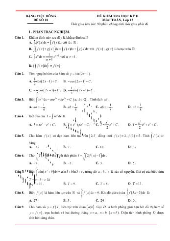 Đề kiểm tra học kì 2 môn Toán Lớp 12 - Đề 18 - Trường THPT Nho Quan A (Có lời giải)