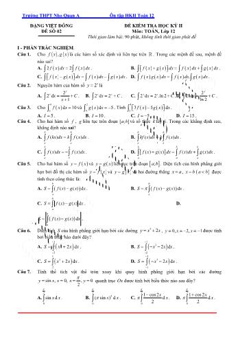 Đề kiểm tra học kì 2 môn Toán Lớp 12 - Đề 2 - Trường THPT Nho Quan A (Có lời giải)