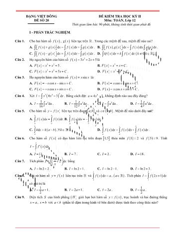 Đề kiểm tra học kì 2 môn Toán Lớp 12 - Đề 20 - Trường THPT Nho Quan A (Có lời giải)
