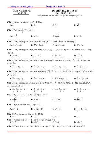 Đề kiểm tra học kì 2 môn Toán Lớp 12 - Đề 21 - Trường THPT Nho Quan A (Có lời giải)