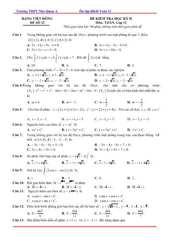 Đề kiểm tra học kì 2 môn Toán Lớp 12 - Đề 22 - Trường THPT Nho Quan A (Có lời giải)