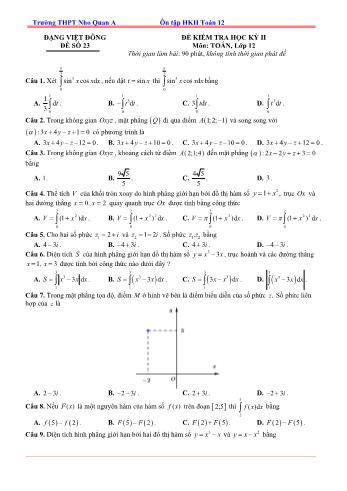 Đề kiểm tra học kì 2 môn Toán Lớp 12 - Đề 23 - Trường THPT Nho Quan A (Có lời giải)