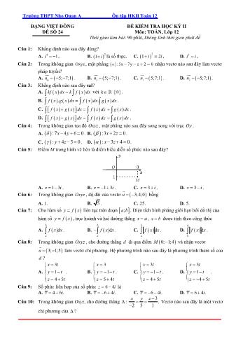 Đề kiểm tra học kì 2 môn Toán Lớp 12 - Đề 24 - Trường THPT Nho Quan A (Có lời giải)