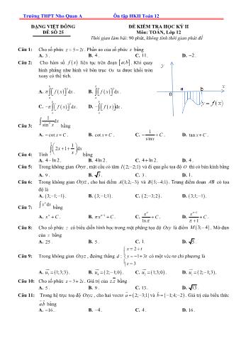 Đề kiểm tra học kì 2 môn Toán Lớp 12 - Đề 25 - Trường THPT Nho Quan A (Có lời giải)