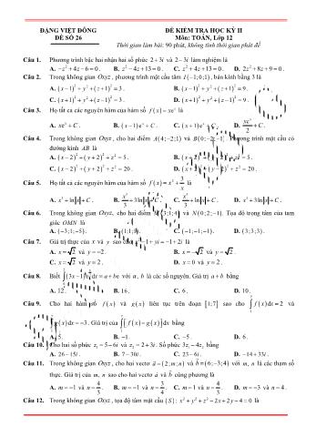 Đề kiểm tra học kì 2 môn Toán Lớp 12 - Đề 26 - Trường THPT Nho Quan A (Có lời giải)