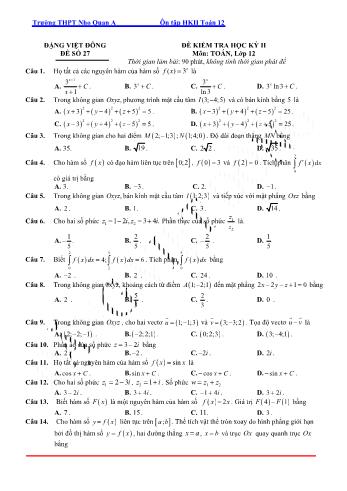 Đề kiểm tra học kì 2 môn Toán Lớp 12 - Đề 27 - Trường THPT Nho Quan A (Có lời giải)