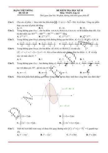 Đề kiểm tra học kì 2 môn Toán Lớp 12 - Đề 28 - Trường THPT Nho Quan A (Có lời giải)