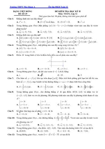 Đề kiểm tra học kì 2 môn Toán Lớp 12 - Đề 29 - Trường THPT Nho Quan A (Có lời giải)