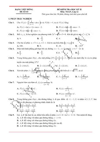 Đề kiểm tra học kì 2 môn Toán Lớp 12 - Đề 3 - Trường THPT Nho Quan A (Có lời giải)