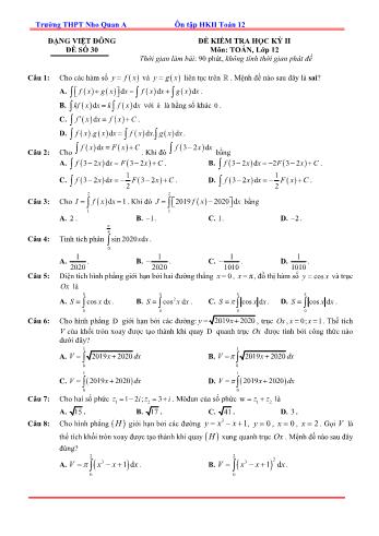 Đề kiểm tra học kì 2 môn Toán Lớp 12 - Đề 30 - Trường THPT Nho Quan A (Có lời giải)