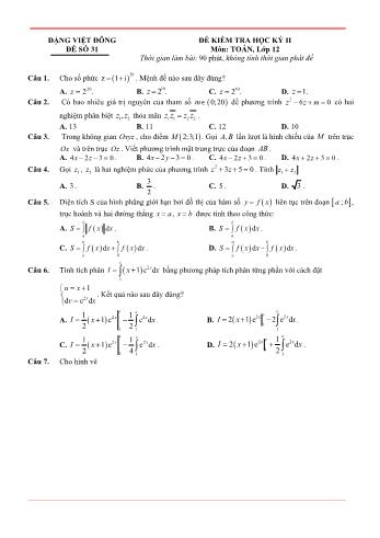 Đề kiểm tra học kì 2 môn Toán Lớp 12 - Đề 31 - Trường THPT Nho Quan A (Có lời giải)