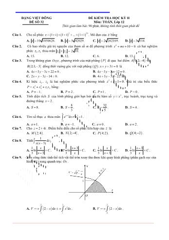 Đề kiểm tra học kì 2 môn Toán Lớp 12 - Đề 32 - Trường THPT Nho Quan A (Có lời giải)