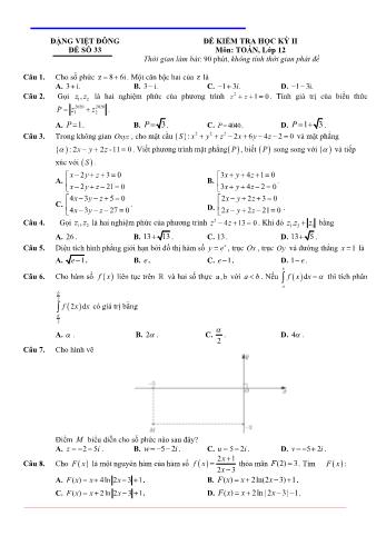 Đề kiểm tra học kì 2 môn Toán Lớp 12 - Đề 33 - Trường THPT Nho Quan A (Có lời giải)