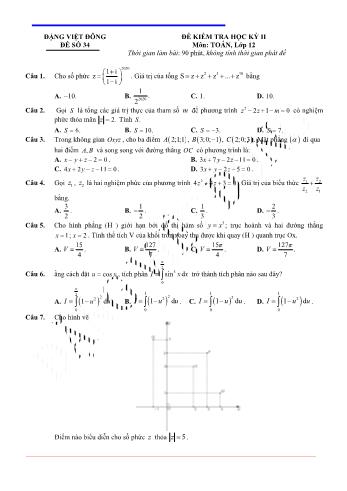 Đề kiểm tra học kì 2 môn Toán Lớp 12 - Đề 34 - Trường THPT Nho Quan A (Có lời giải)