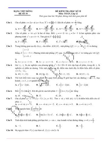 Đề kiểm tra học kì 2 môn Toán Lớp 12 - Đề 35 - Trường THPT Nho Quan A (Có lời giải)