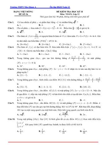Đề kiểm tra học kì 2 môn Toán Lớp 12 - Đề 36 - Trường THPT Nho Quan A (Có lời giải)