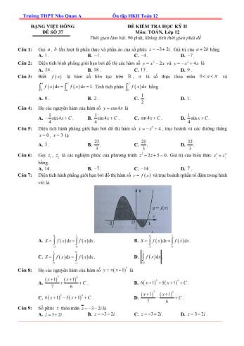 Đề kiểm tra học kì 2 môn Toán Lớp 12 - Đề 37 - Trường THPT Nho Quan A (Có lời giải)