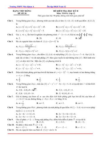 Đề kiểm tra học kì 2 môn Toán Lớp 12 - Đề 38 - Trường THPT Nho Quan A (Có lời giải)