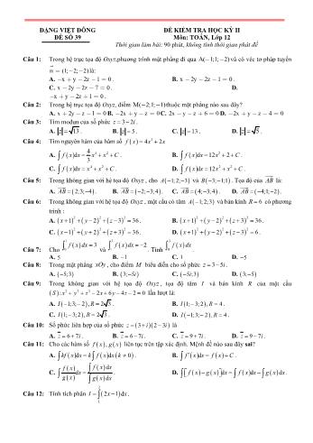 Đề kiểm tra học kì 2 môn Toán Lớp 12 - Đề 39 - Trường THPT Nho Quan A (Có lời giải)