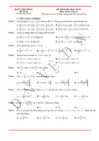 Đề kiểm tra học kì 2 môn Toán Lớp 12 - Đề 4 - Trường THPT Nho Quan A (Có lời giải)