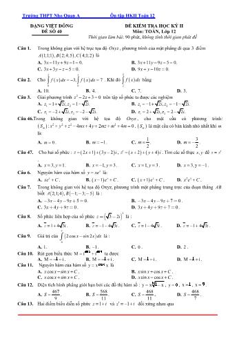Đề kiểm tra học kì 2 môn Toán Lớp 12 - Đề 40 - Trường THPT Nho Quan A (Có lời giải)