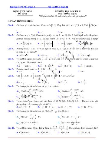 Đề kiểm tra học kì 2 môn Toán Lớp 12 - Đề 5 - Trường THPT Nho Quan A (Có lời giải)