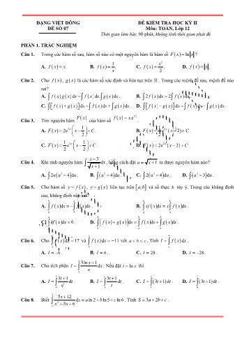 Đề kiểm tra học kì 2 môn Toán Lớp 12 - Đề 7 - Trường THPT Nho Quan A (Có lời giải)