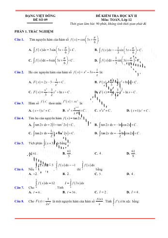 Đề kiểm tra học kì 2 môn Toán Lớp 12 - Đề 9 - Trường THPT Nho Quan A (Có lời giải)