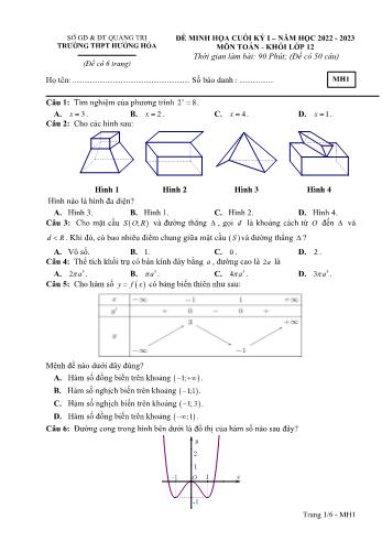 Đề minh họa cuối kì 1 môn Toán Lớp 12 - Mã đề MH1 - Năm học 2022-2023 - Trường THPT Hướng Hóa