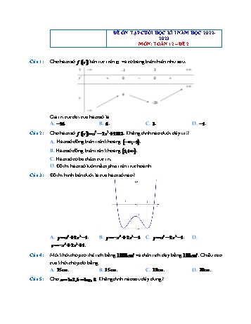 Đề ôn tập cuối học kì 1 môn Toán Lớp 12 - Đề 2 - Năm học 2022-2023 (Có đáp án)