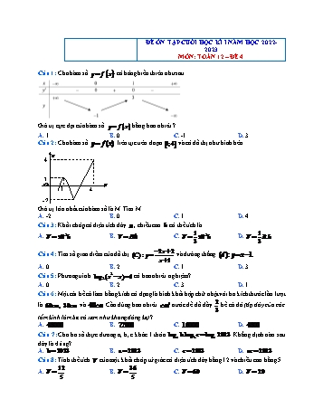 Đề ôn tập cuối học kì 1 môn Toán Lớp 12 - Đề 4 - Năm học 2022-2023 (Có đáp án)