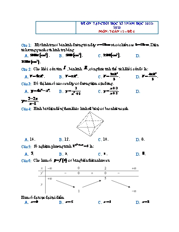 Đề ôn tập cuối học kì 1 môn Toán Lớp 12 - Đề 6 - Năm học 2022-2023 (Có đáp án)