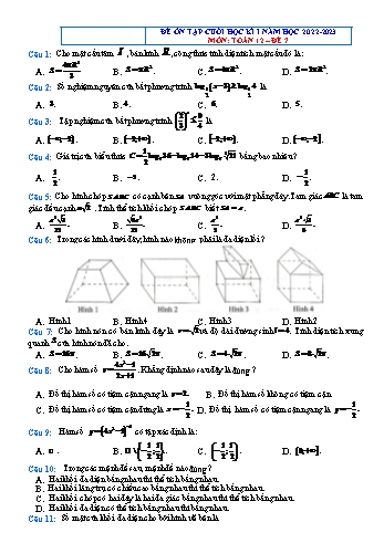 Đề ôn tập cuối học kì 1 môn Toán Lớp 12 - Đề 7 - Năm học 2022-2023 (Có đáp án)