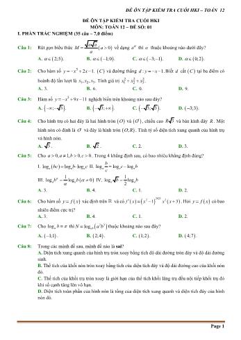 Đề ôn tập kiểm tra cuối học kì 1 môn Toán Lớp 12 - Đề số 1 (Có hướng dẫn chi tiết)