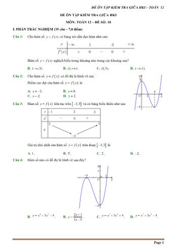 Đề ôn tập kiểm tra cuối học kì 1 môn Toán Lớp 12 - Đề số 10 (Có hướng dẫn chi tiết)