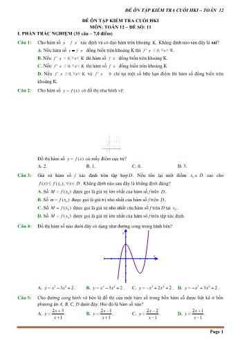 Đề ôn tập kiểm tra cuối học kì 1 môn Toán Lớp 12 - Đề số 11 (Có hướng dẫn chi tiết)