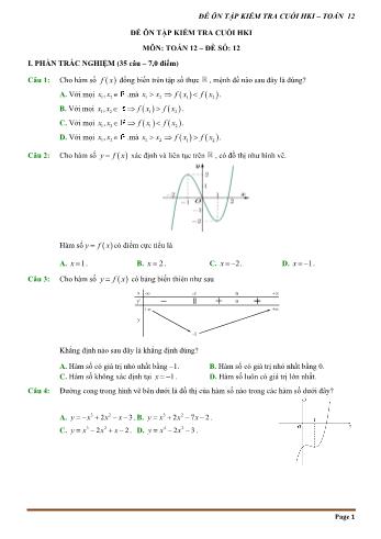 Đề ôn tập kiểm tra cuối học kì 1 môn Toán Lớp 12 - Đề số 12 (Có hướng dẫn chi tiết)