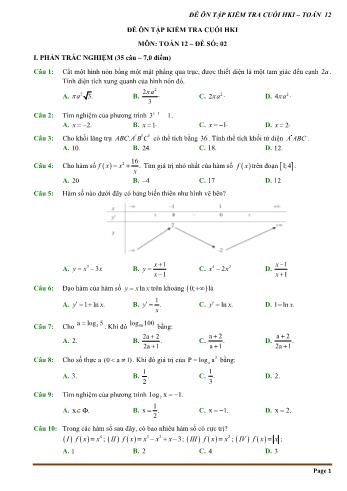 Đề ôn tập kiểm tra cuối học kì 1 môn Toán Lớp 12 - Đề số 2 (Có hướng dẫn chi tiết)