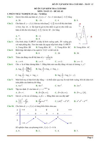 Đề ôn tập kiểm tra cuối học kì 1 môn Toán Lớp 12 - Đề số 3 (Có hướng dẫn chi tiết)