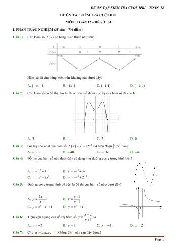 Đề ôn tập kiểm tra cuối học kì 1 môn Toán Lớp 12 - Đề số 4 (Có hướng dẫn chi tiết)