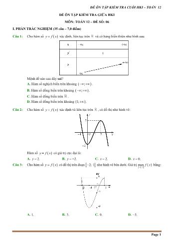 Đề ôn tập kiểm tra cuối học kì 1 môn Toán Lớp 12 - Đề số 6 (Có hướng dẫn chi tiết)