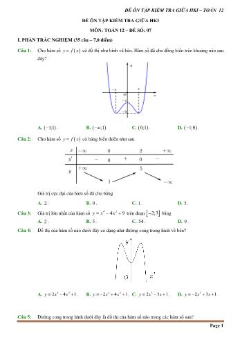 Đề ôn tập kiểm tra cuối học kì 1 môn Toán Lớp 12 - Đề số 7 (Có hướng dẫn chi tiết)